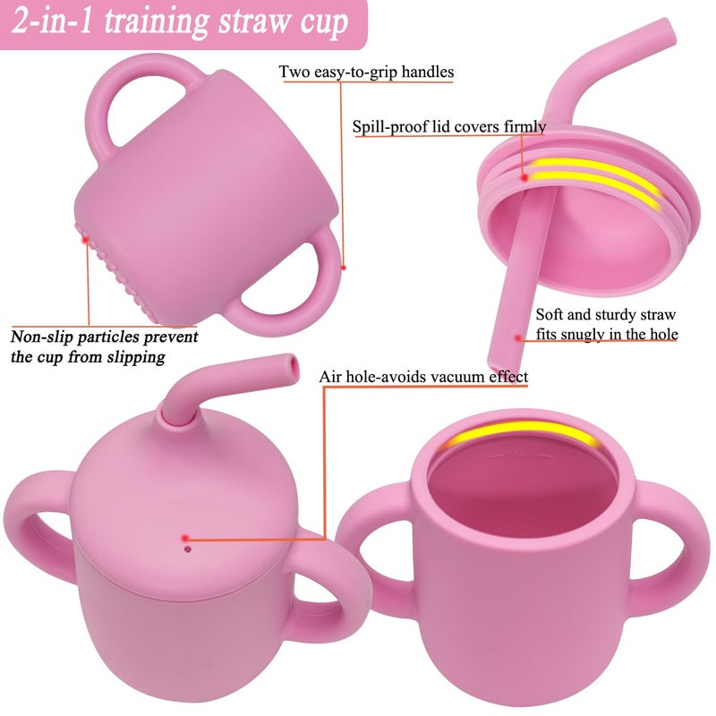NICINGU Silicone Baby Feeding Set,Baby Led Weaning Supplies Baby Silicone Suction plate and bowl set,Toddler Self Feeding Dish with Spoons Forks Sippy Cup And Adjustable Bib for 6+ Months-Pink - Image 4